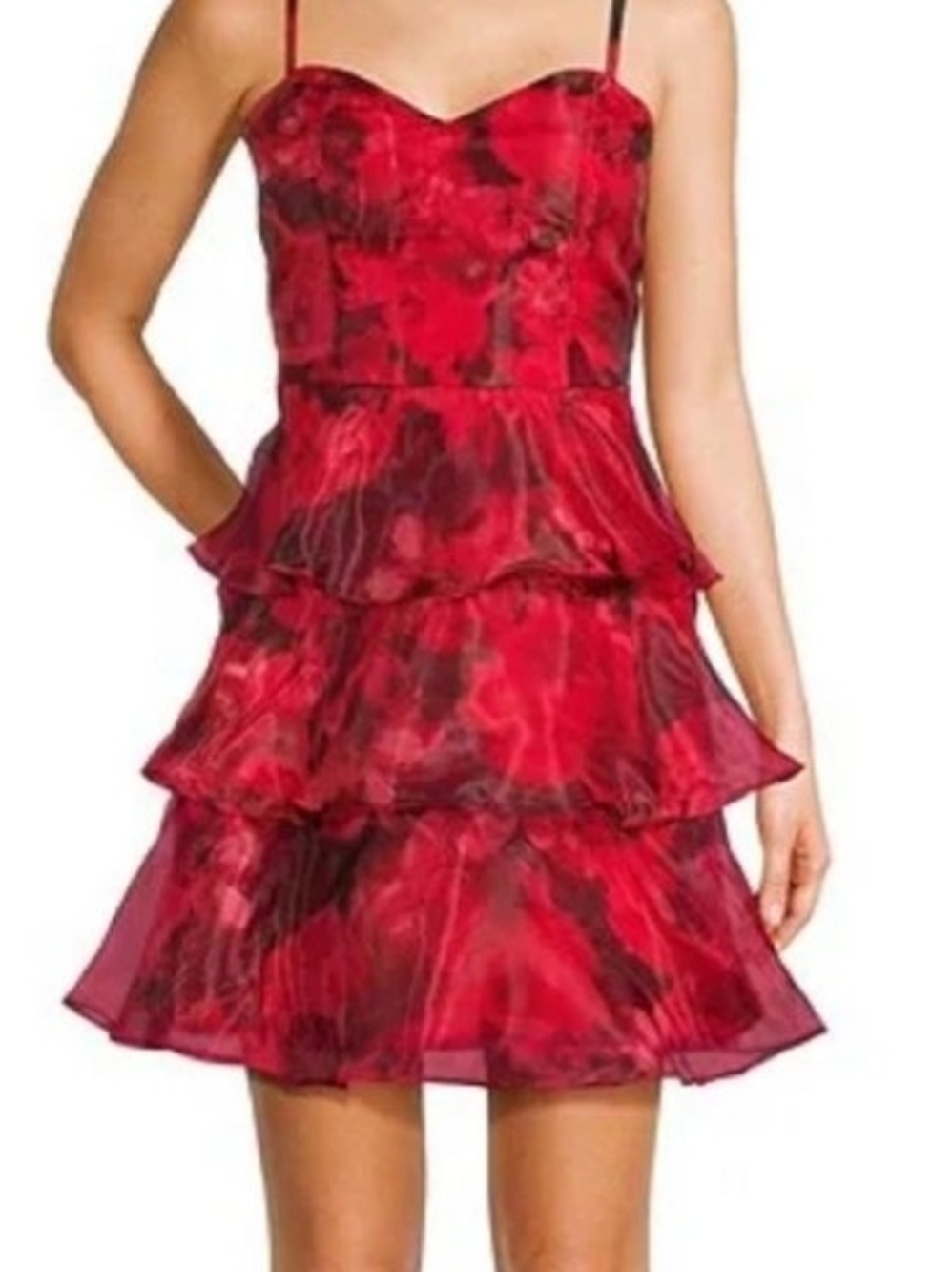 BCX Red Floral Tiered Spaghetti-Strap Dress